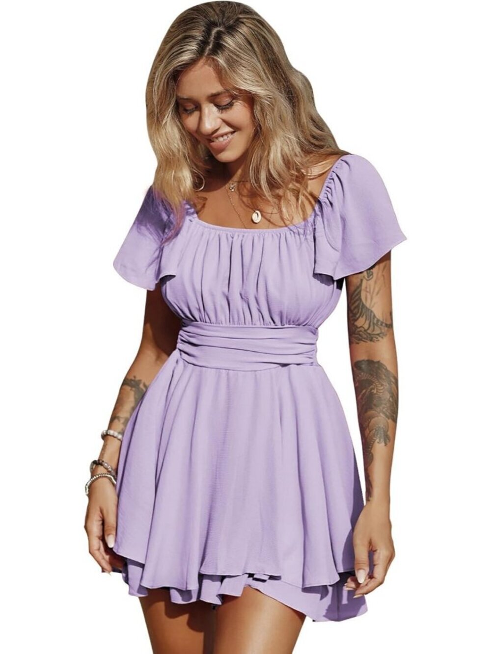 Women's Purple Summer Ruffle Short Sleeve Tie Back Square Neck A Line Jumpsuits